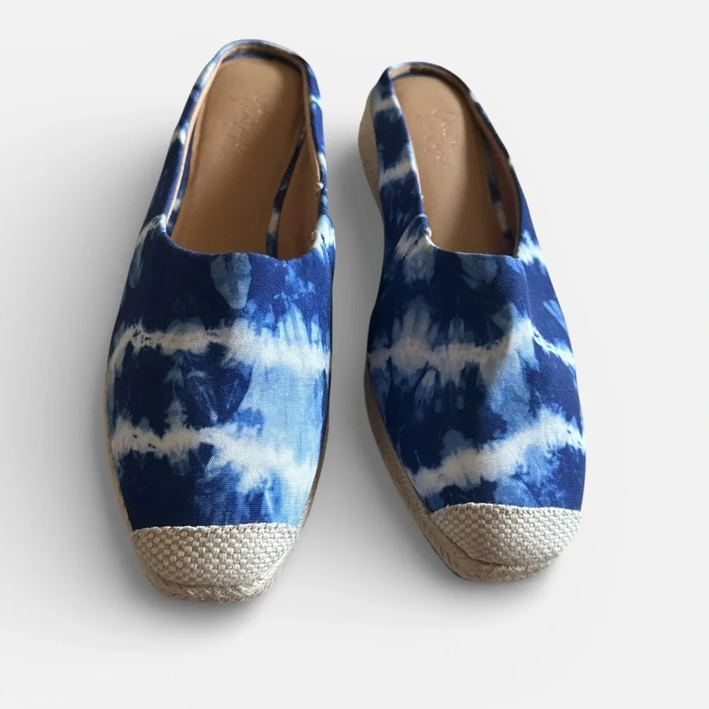 Crown Vintage Lonari Blue Tie-Dye Espadrilles slip on textile clogs shoes Sz 9.5
